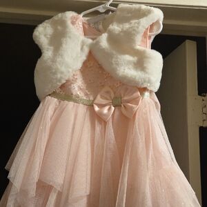Jona Michelle Peach Dress with Cream Faux Fur Vest